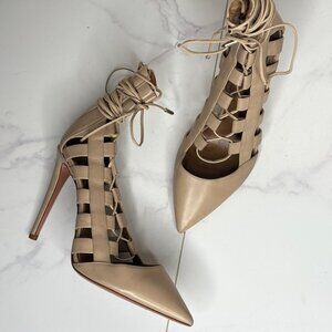 AQUAZZURA Beige Tan Calfskin Leather AMAZON Lace Up Gladiator Pumps Heels 37 7